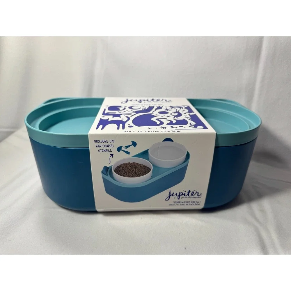 Jupiter Double Cat Bowl Stand & Storage – Teal Elevated Feeder Set